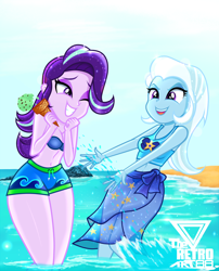Size: 1500x1852 | Tagged: safe, artist:theretroart88, starlight glimmer, trixie, equestria girls, g4, beach, belly button, board shorts, clothes, confident, duo, duo female, female, food, happy, ice cream, one eye closed, outdoors, rock, sand, sarong, shiny skin, shorts, sleeveless, smiling, splashing, swimsuit, water, watermark