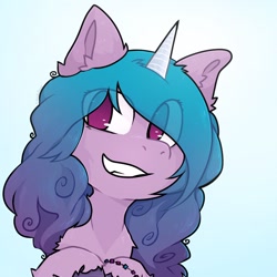 Size: 1200x1200 | Tagged: safe, artist:lavafoox, izzy moonbow, pony, unicorn, g5, bracelet, chest fluff, cute, ear fluff, female, grin, izzybetes, jewelry, looking at you, mare, raised hoof, smiling, solo, teeth, unshorn fetlocks