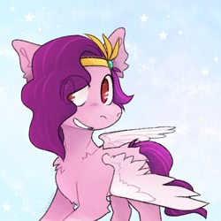 Size: 1200x1200 | Tagged: safe, artist:lavafoox, pipp petals, pegasus, pony, g5, abstract background, adorapipp, chest fluff, cute, ear fluff, female, grin, looking at you, mare, smiling, solo, stars, teeth