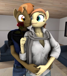Size: 956x1078 | Tagged: safe, artist:spud, button mash, oc, oc:cream heart, earth pony, anthro, g4, 3d, canon x oc, clothes, embrace, female, flower, holding hands, imminent kissing, implied buttoncest, implied incest, incest, looking at each other, male, mare, milf, mother and son, older, older button mash, rose, scarf, ship:buttoncest, shipping, source filmmaker, stallion, straight, teasing
