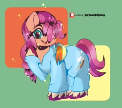 Size: 2048x1809 | Tagged: safe, artist:cosmiclitgalaxy, sunny starscout, earth pony, pony, g5, abstract background, braid, clothes, costume, cute, female, in-universe pegasister, kigurumi, looking at you, mare, open mouth, patreon, patreon logo, rainbow dash costume, raised hoof, signature, solo, sunnybetes, unshorn fetlocks