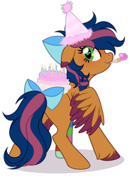 Size: 2240x3006 | Tagged: safe, artist:mcjojo, oc, oc only, oc:solar comet, pegasus, pony, bow, cake, disguise, disguised changedling, eyelashes, femboy, food, freckles, green eyes, hat, high res, looking at you, male, party horn, sock, solo, tail, tail bow, trap, wings