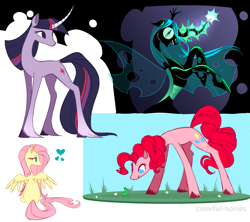 Size: 2563x2281 | Tagged: safe, artist:syrupyyy, fluttershy, gummy, pinkie pie, queen chrysalis, twilight sparkle, alligator, changeling, changeling queen, earth pony, pegasus, pony, unicorn, g4, bipedal, curved horn, female, glowing horn, grass, heart, high res, horn, magic, mare, markings, raised hoof, rearing, redesign, unicorn twilight, unshorn fetlocks