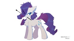 Size: 1400x782 | Tagged: safe, artist:kejifox, artist:mirtash, rarity, pony, unicorn, g4, chest fluff, collaboration, dock, eye clipping through hair, female, mare, mouth hold, riding crop, simple background, solo, white background