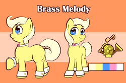Size: 1400x925 | Tagged: safe, artist:orangesoda, oc, oc only, oc:brass melody, earth pony, pony, bowtie, cufflinks, cute, looking at you, male, ocbetes, reference sheet, smiling, smiling at you, stallion