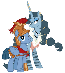 Size: 1066x1196 | Tagged: safe, artist:cloudy glow, artist:f2u-mlp-vectors, edit, idw, vector edit, grimhoof, queen parabola, alicorn, pegasus, pony, zebra, zebra alicorn, g4, my little pony: legends of magic, spoiler:comic, armor, crack shipping, ear piercing, earring, female, helmet, horn, horn ring, idw showified, jewelry, male, mare, paragrim, piercing, ring, royal legion, shipping, simple background, smiling, stallion, straight, transparent background, vector