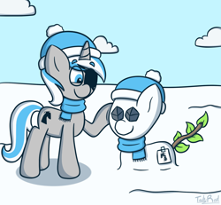Size: 908x839 | Tagged: safe, artist:techreel, oc, oc only, oc:sekr gray, pony, unicorn, clothes, cloud, coal, cutie mark, eyebrows, eyebrows visible through hair, eyepatch, male, scarf, snow, snowmare, snowpony, solo, stallion, tree branch, winter hat