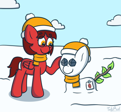 Size: 908x839 | Tagged: safe, artist:techreel, oc, oc only, oc:cinnamon pop, pegasus, pony, clothes, cloud, coal, cutie mark, female, mare, red mane, scarf, snow, snowmare, snowpony, solo, tree branch, winter hat, yellow eyes