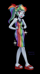 Size: 700x1300 | Tagged: safe, artist:princestbeck, rainbow dash, equestria girls, equestria girls series, g4, spring breakdown, spoiler:eqg series (season 2), bare shoulders, clothes, cute, dress, feet, female, headband, legs, looking at you, multicolored hair, ponytail, rainbow hair, sandals, sleeveless, sleeveless dress, smiling, solo, sparkles