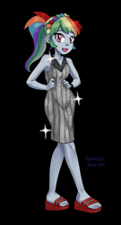 Size: 700x1300 | Tagged: safe, alternate version, artist:princestbeck, rainbow dash, equestria girls, g4, bare shoulders, black background, clothes, cute, dress, feet, female, headband, legs, looking at you, multicolored hair, ponytail, rainbow hair, sandals, simple background, sleeveless, sleeveless dress, smiling, solo, sparkles