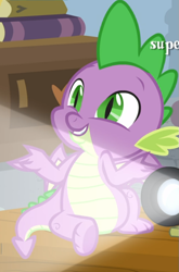 Size: 555x840 | Tagged: safe, screencap, spike, dragon, g4, marks for effort, season 8, book, cropped, cute, male, opening credits, projector, shrug, sitting, smiling, solo, spikabetes, teeth, winged spike, wings