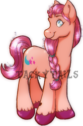 Size: 552x836 | Tagged: safe, artist:tackytails, sunny starscout, earth pony, pony, g5, braid, female, looking at you, mare, simple background, smiling, solo, text, transparent background, unshorn fetlocks, watermark