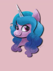 Size: 1536x2048 | Tagged: safe, artist:catscratchpaper, izzy moonbow, pony, unicorn, g5, bust, cute, female, izzybetes, looking at you, mare, pink background, portrait, simple background, smiling, solo