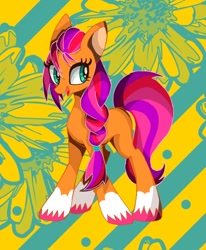 Size: 700x850 | Tagged: safe, artist:stacy_165cut, sunny starscout, earth pony, pony, g5, abstract background, braid, cute, female, mare, open mouth, solo, sunnybetes, unshorn fetlocks