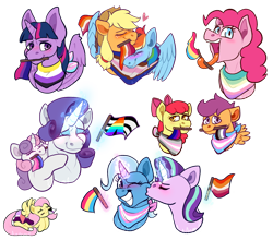 Size: 1280x1127 | Tagged: safe, artist:artwing74, apple bloom, applejack, fluttershy, pinkie pie, rainbow dash, rarity, scootaloo, starlight glimmer, sweetie belle, trixie, twilight sparkle, alicorn, pony, g4, acespike pride flag, asexual pride flag, bisexual pride flag, cheek kiss, cutie mark crusaders, demigirl pride flag, demisexual pride flag, female, gender headcanon, genderfaer pride flag, headcanon, hug, kissing, lesbian, lesbian pride flag, lgbt headcanon, long tongue, male, mane six, nonbinary pride flag, omnisexual pride flag, pansexual pride flag, pride, pride flag, sexuality headcanon, ship:appledash, ship:startrix, shipping, siblings, simple background, sisters, straight ally flag, tomboy, tomboy pride flag, tongue out, trans female, trans male, trans stallion scootaloo, trans trixie, transgender, transgender pride flag, transparent background, twilight sparkle (alicorn)