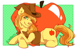 Size: 2550x1650 | Tagged: safe, artist:etrnlpeace, braeburn, earth pony, pony, g4, apple, clothes, cowboy hat, crossed hooves, food, hat, lying down, male, prone, solo, stallion, vest