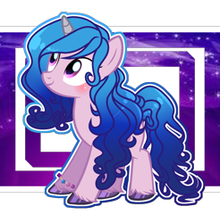 Size: 1440x1461 | Tagged: safe, artist:whiteplumage233, izzy moonbow, pony, unicorn, g4, g5, abstract background, blushing, bracelet, cute, female, g5 to g4, izzybetes, jewelry, mare, solo, unshorn fetlocks