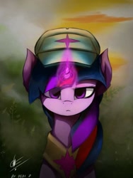 Size: 720x960 | Tagged: safe, artist:dedi-p-762, twilight sparkle, pony, g4, cap, female, glowing horn, hat, horn, lidded eyes, looking at you, mare, peytral, solo