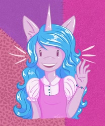 Size: 1280x1536 | Tagged: safe, artist:magicmarian, izzy moonbow, unicorn, anthro, g5, abstract background, bracelet, bust, clothes, dress, ear fluff, female, horn, jewelry, looking at you, open mouth, solo, teeth, waving
