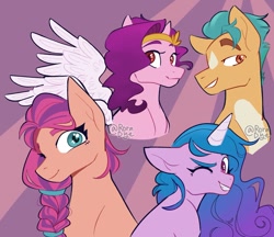 Size: 1200x1038 | Tagged: safe, artist:roradye, hitch trailblazer, izzy moonbow, pipp petals, sunny starscout, earth pony, pegasus, pony, unicorn, g5, abstract background, adorapipp, braid, bust, cute, female, floppy ears, grin, izzybetes, looking at you, male, mare, one eye closed, red eyes, red-eyed pipp, smiling, stallion, sunnybetes, teeth, wings, wink