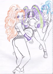 Size: 2114x2922 | Tagged: safe, artist:elgatosabio, adagio dazzle, aria blaze, sonata dusk, equestria girls, g4, adagio dat-azzle, ass, ball, butt, female, high res, partial color, the dazzlings, tongue out, traditional art, trio, trio female, wedgie