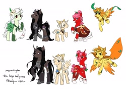 Size: 2048x1487 | Tagged: safe, artist:pekythebear, alicorn, earth pony, pegasus, pony, unicorn, armor, clothes, colored wings, cookie run, cookie run kingdom, crossover, dark cacao cookie, egyptian, egyptian headdress, egyptian pony, female, golden cheese cookie, group, hat, hollyberry cookie, looking at you, male, ponified, pure vanilla cookie, simple background, text, white background, white lily cookie, wings