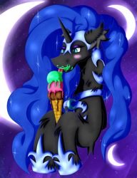 Size: 2484x3234 | Tagged: safe, artist:thebenalpha, nightmare moon, alicorn, pony, g4, armor, chest fluff, ear fluff, female, food, high res, ice cream, mare, moon, simple background, tongue out