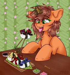 Size: 3000x3200 | Tagged: safe, artist:etoz, oc, oc:amber shine, oc:nightshade, oc:storm drain, oc:tomson, earth pony, pegasus, pony, unicorn, blushing, bow, chopsticks, commission, earth pony oc, female, fetish, flower, food, glowing eyes, happy, high res, horn, imminent vore, lying down, magic, magic aura, male, male prey, mare, mare pred, mare predator, mare prey, micro, mouth, multiple prey, open mouth, pegasus oc, person as food, ponies in food, ponies in sushi, rice, scar, scared, sleeping, smiling, soy sauce, stallion, sushi, table, tongue out, unicorn oc, wasabi, wings, ych result