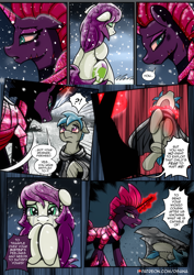 Size: 2480x3508 | Tagged: safe, artist:dsana, fizzlepop berrytwist, tempest shadow, oc, oc:fireweed, oc:thistledown, earth pony, pony, unicorn, comic:a storm's lullaby, g4, angry, armor, brother and sister, cloak, clothes, comic, crying, crystal armor, female, high res, horn, lifting, male, mare, scar, siblings, snow, stallion, tempest gets her horn back, throwing