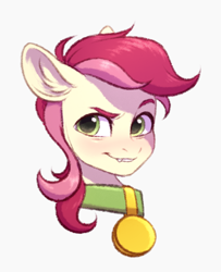 Size: 1032x1268 | Tagged: safe, artist:barlerd, roseluck, pony, g4, bust, collar, commission, commissioner:doom9454, dreamworks face, eyebrows, fangs, green eyes, pet tag, pony pet, portrait, rosepet, solo
