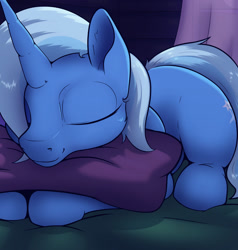 Size: 1280x1344 | Tagged: safe, artist:aquaticvibes, trixie, pony, unicorn, g4, cute, diatrixes, female, lying down, mare, missing accessory, pillow, prone, sleeping, solo