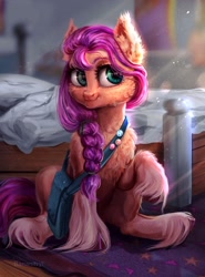 Size: 1494x2020 | Tagged: safe, artist:bananitryi, sunny starscout, earth pony, pony, g5, badge, bag, bed, bedroom, braid, chest fluff, cute, ear fluff, female, mare, raised hoof, signature, sitting, solo, unshorn fetlocks