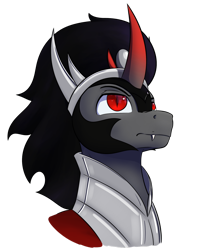 Size: 1280x1536 | Tagged: safe, artist:aquaticvibes, king sombra, pony, umbrum, unicorn, armor, bust, crown, curved horn, fangs, horn, jewelry, looking up, male, regalia, solo, stallion