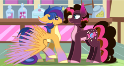 Size: 1272x675 | Tagged: safe, artist:alister-calouro, oc, oc:starry sword, oc:sugary bullet, earth pony, pegasus, pony, colored wings, colt, duo, gradient hooves, large wings, male, offspring, parent:cheese sandwich, parent:flash sentry, parent:pinkie pie, parent:twilight sparkle, parents:cheesepie, parents:flashlight, story in the source, sugarcube corner, wings