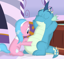 Size: 3544x3236 | Tagged: safe, artist:porygon2z, aloe, oc, oc:gutz, dragon, earth pony, pony, g4, arm behind head, belly, bellyrubs, big belly, eyes closed, high res, massage, ponyville spa, smiling