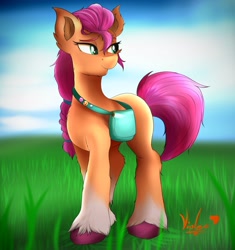 Size: 3200x3400 | Tagged: safe, artist:pizzavioletgirl, sunny starscout, earth pony, pony, g5, badge, bag, braid, ear fluff, female, grass, high res, mare, signature, sky, smiling, solo, unshorn fetlocks