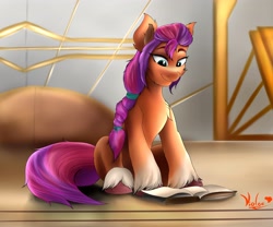 Size: 3600x3000 | Tagged: safe, artist:pizzavioletgirl, sunny starscout, earth pony, pony, g5, my little pony: a new generation, book, braid, chest fluff, ear fluff, female, high res, looking down, mare, reading, signature, sitting, smiling, solo, unshorn fetlocks