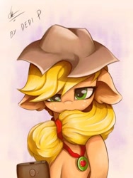 Size: 480x640 | Tagged: safe, artist:dedi-p-762, applejack, earth pony, pony, g4, cowboy hat, cute, female, floppy ears, gradient background, hat, jackabetes, mare, simple background, solo