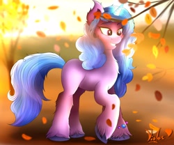 Size: 3600x3000 | Tagged: safe, artist:pizzavioletgirl, izzy moonbow, pony, unicorn, g5, bracelet, chest fluff, female, glowing horn, grin, high res, horn, jewelry, leaves, mare, raised hoof, signature, smiling, solo, teeth, tree, unshorn fetlocks