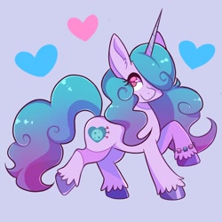 Size: 2000x2000 | Tagged: safe, artist:art_kett1412, izzy moonbow, pony, unicorn, g5, blue background, bracelet, cute, ear fluff, female, heart, high res, izzybetes, jewelry, mare, raised hoof, simple background, smiling, solo, unshorn fetlocks