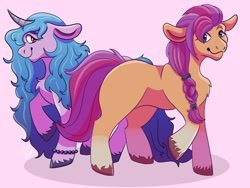 Size: 2000x1500 | Tagged: safe, artist:dead_dogwalking, izzy moonbow, sunny starscout, earth pony, pony, unicorn, g5, bracelet, braid, chest fluff, female, jewelry, looking at you, mare, pink background, raised hoof, simple background, smiling, unshorn fetlocks