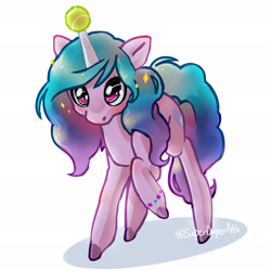 Size: 2339x2339 | Tagged: safe, artist:superduperath, izzy moonbow, pony, unicorn, g5, ball, blushing, bracelet, cute, female, high res, horn, horn guard, horn impalement, hornball, izzy's tennis ball, izzybetes, jewelry, mare, raised hoof, signature, simple background, solo, tennis ball, unshorn fetlocks, white background
