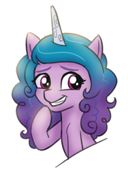 Size: 570x757 | Tagged: safe, artist:whitequartztheartist, izzy moonbow, pony, unicorn, g5, cute, female, grin, izzybetes, mare, raised hoof, simple background, smiling, solo, teeth, white background