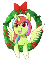 Size: 1341x1713 | Tagged: safe, artist:foxhatart, oc, oc only, oc:gaian, alicorn, pony, christmas, christmas wreath, female, holiday, mare, solo, wreath