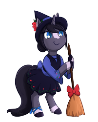 Size: 1420x1764 | Tagged: safe, artist:foxhatart, oc, oc only, oc:lavender rose, pony, unicorn, bipedal, broom, clothes, dress, female, hat, hoof hold, mare, shirt, simple background, solo, transparent background, witch hat