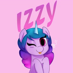 Size: 3200x3200 | Tagged: safe, artist:daftramms, izzy moonbow, pony, unicorn, g5, ;p, cute, female, high res, izzybetes, looking at you, mare, one eye closed, pink background, raised hoof, simple background, solo, text, tongue out, wink