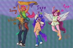 Size: 1772x1181 | Tagged: safe, artist:shacy's pagelings, hitch trailblazer, izzy moonbow, pipp petals, sunny starscout, earth pony, pegasus, unicorn, anthro, g5, armpits, badge, bag, ball, boots, braid, carrying, clothes, converse, eyes closed, female, horn, horn guard, horn impalement, hornball, izzy's tennis ball, jacket, male, one eye closed, open mouth, pants, piggyback ride, shoes, shorts, signature, skirt, spread wings, tennis ball, text, wings