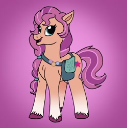 Size: 1996x2005 | Tagged: safe, artist:prismthepup, sunny starscout, earth pony, pony, g5, badge, bag, braid, cute, female, gradient background, looking at you, mare, open mouth, solo, sunnybetes, unshorn fetlocks