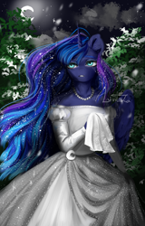 Size: 3200x5000 | Tagged: safe, artist:livitoza, princess luna, alicorn, anthro, g4, clothes, crescent moon, dress, female, flower, jewelry, moon, necklace, solo