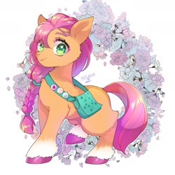 Size: 1800x1800 | Tagged: safe, artist:zakro, sunny starscout, earth pony, pony, g5, abstract background, badge, bag, braid, cute, female, flower, mare, signature, simple background, smiling, solo, sunnybetes, unshorn fetlocks, white background